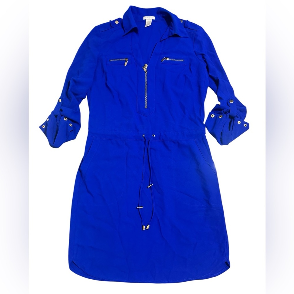 CACHE Shirt Dress Women’s Size 4 Cinch Waist Blue Collared Zip Up